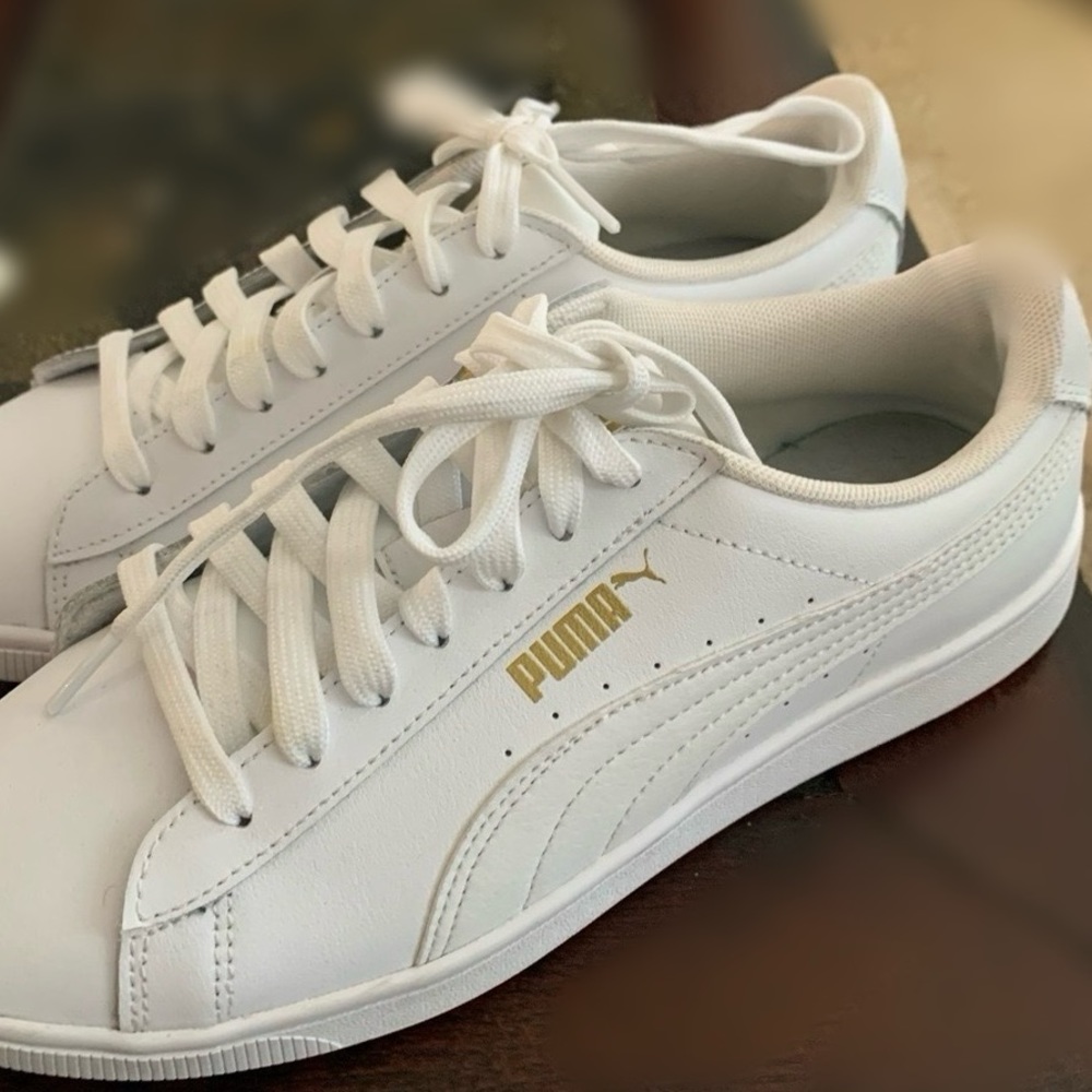 PUMA 370468-01 White Team Gold Vikky V2 Low Top Leather Sneakers Shoes